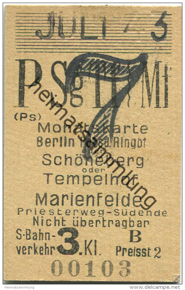 Berlin - Monatskarte - Berlin Potsd Ringbf Oder Schöneberg Oder Tempelhof Marienfelde - S-Bahnverkehr 3. Klasse Preisstu - Europa
