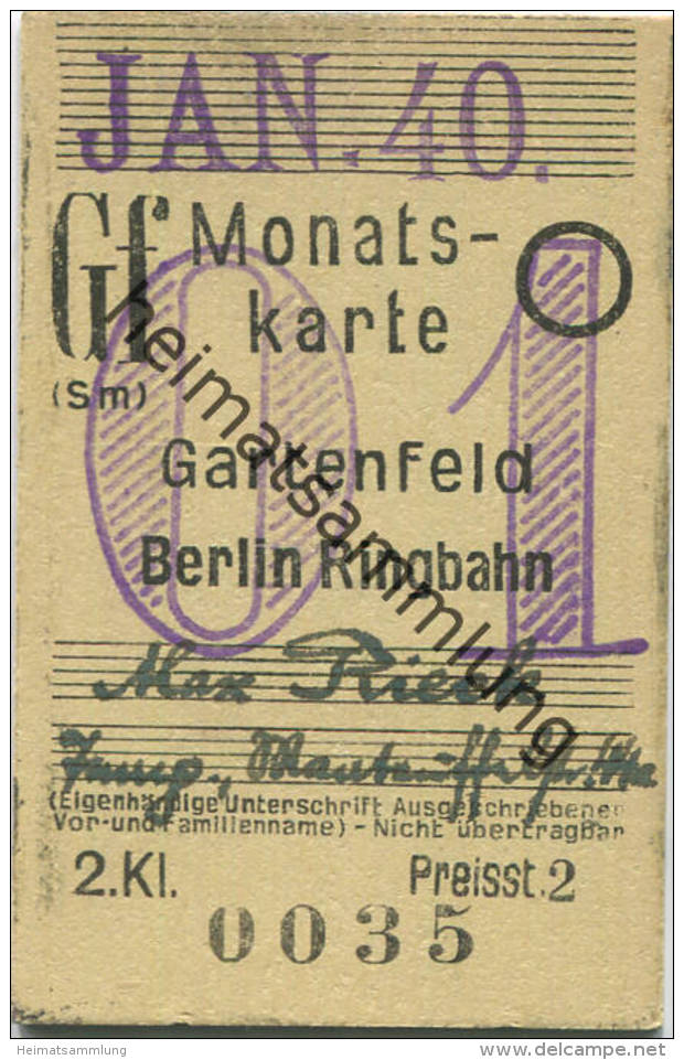 Berlin - Monatskarte - Gartenfeld Berlin Ringbahn - 2. Klasse Preisstufe 2 1940 - Europa