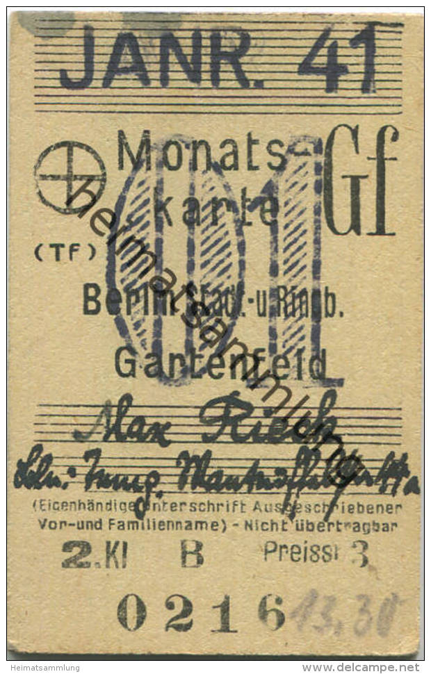 Berlin - Monatskarte - Berlin Stadt- Und Ringbahn Gartenfeld - 2. Klasse Preisstufe 3 1941 - Europe