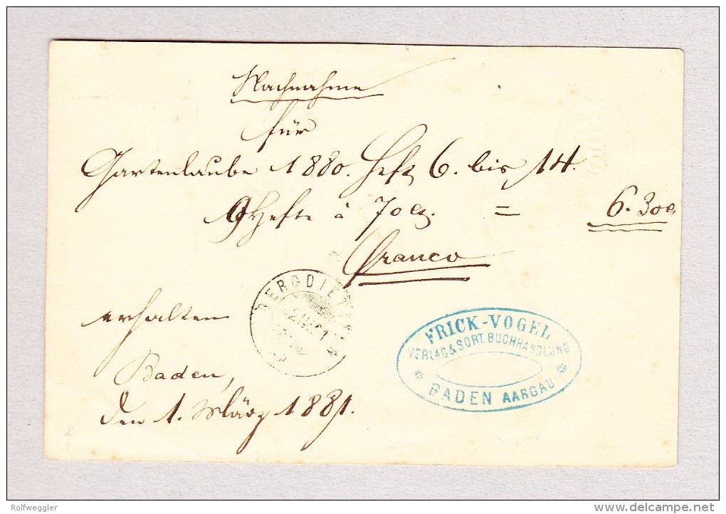 Heimat Schweiz AG BADEN 1MRZ1881 Kastenstempel Auf 5Rp Ganzsache Nach Bergdietikon - Briefe U. Dokumente