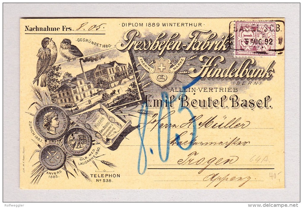 Heimat Schweiz  BS BASEL S.C.B. 5.8.1892 Im Kasten Auf Illustrierte Karte Presshefen Hindelbank Mit 15Rp WZ Zu#64A - Briefe U. Dokumente