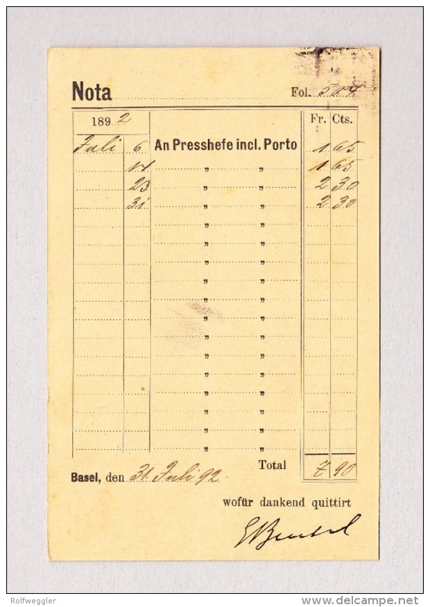 Heimat Schweiz  BS BASEL S.C.B. 5.8.1892 Im Kasten Auf Illustrierte Karte Presshefen Hindelbank Mit 15Rp WZ Zu#64A - Briefe U. Dokumente