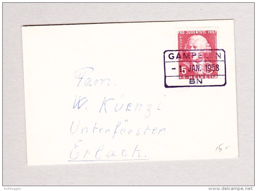 Heimat Schweiz BE GAMPELEN 1.1.1958 Bahnstempel Auf Briefli Nach Erlach Mit 5Rp PJ 1957 - Lettres & Documents