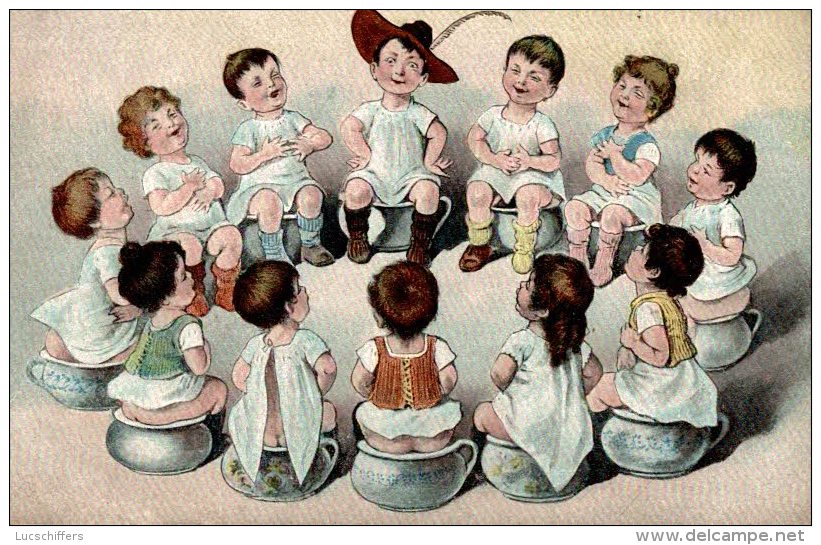 Jolie Lithographie - Bébés Multiples - Enfants Sur Des Pots De Chambre - Petits Pots - S N° 4174 - 2 Scans - Babies