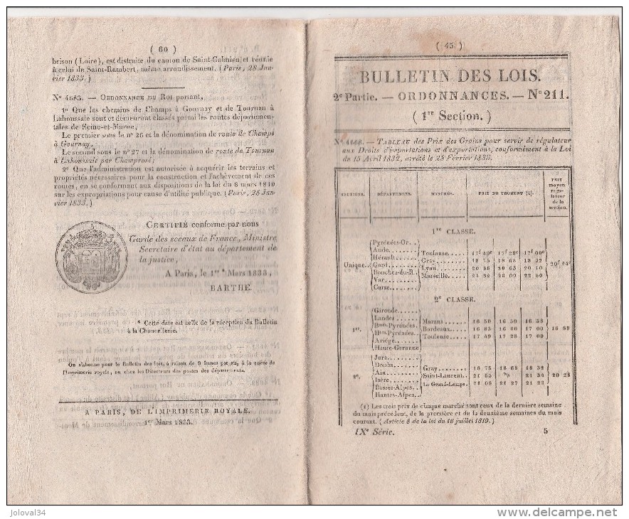 Bulletin Des Lois N° 211 - 1833 - Pont à Fleurville Saône Et Loire,  Frans Ain, Passerelle à Tréguier Côtes Du Nord, - Décrets & Lois