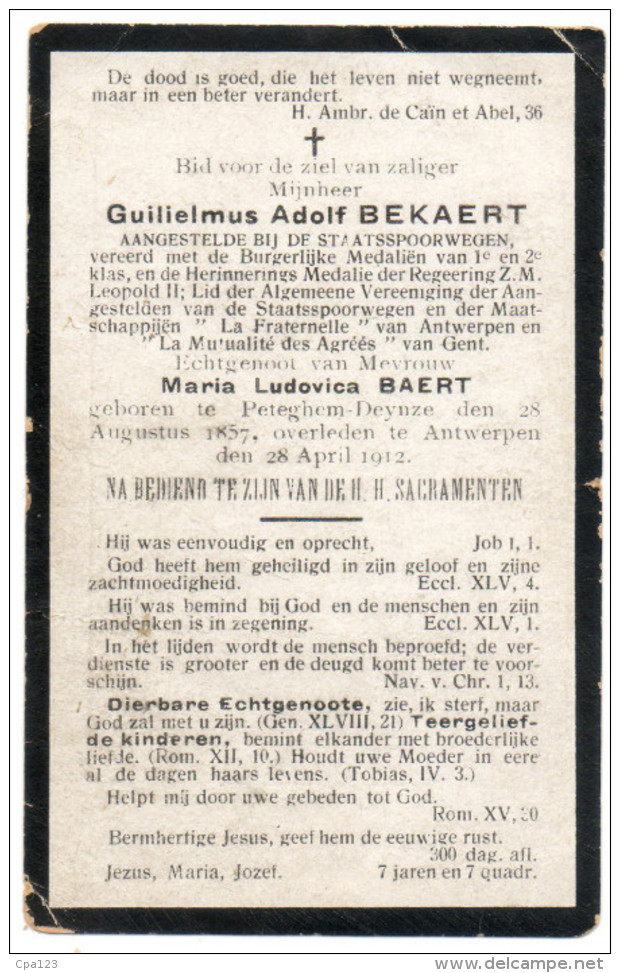 Doodsprent Petegem - Deinze - Spoorweg - Chemin De Fer " La Fraternelle " Antwerpen Gent 1912 - Imágenes Religiosas