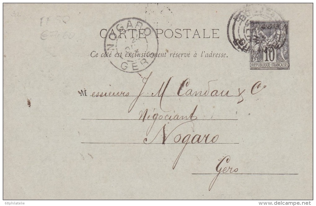 FRANCE  1893  ENTIER POSTAL DE BORDEAUX - Bijgewerkte Postkaarten  (voor 1995)