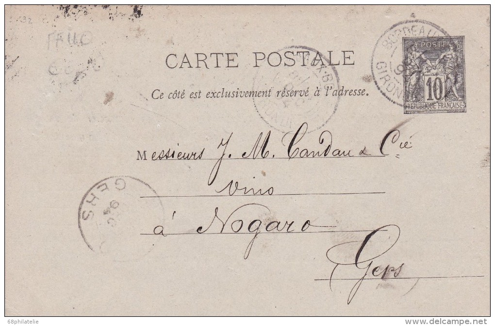 FRANCE  1894 ENTIER POSTAL DE BORDEAUX - Cartes Postales Repiquages (avant 1995)