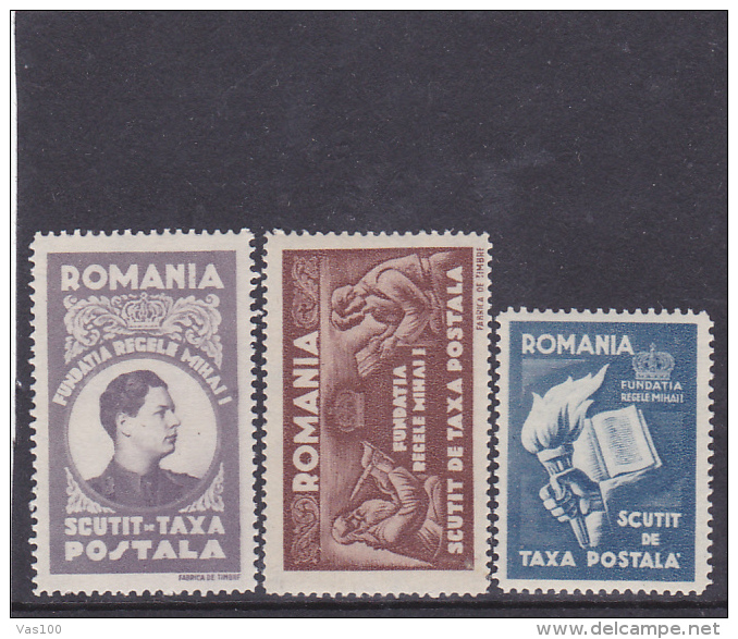 #129  FISCAUX STAMPS, KING MIHAI , 3X STAMPS,  LACED STAMP,  MNH**, ROMANIA. - Revenue Stamps