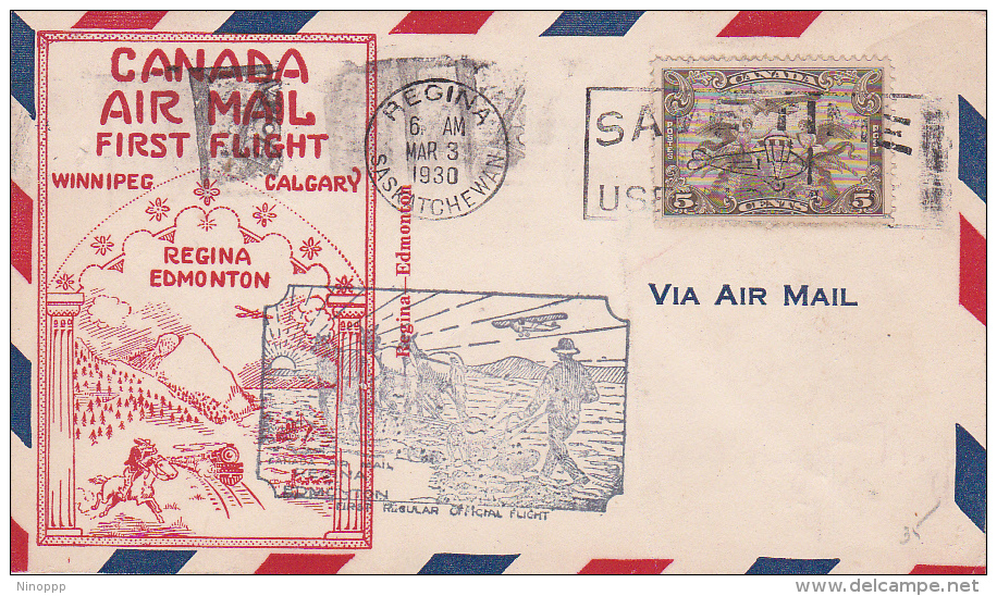 Canada 1930 First Flight Cover Winnipeg To Calgary - First Flight Covers