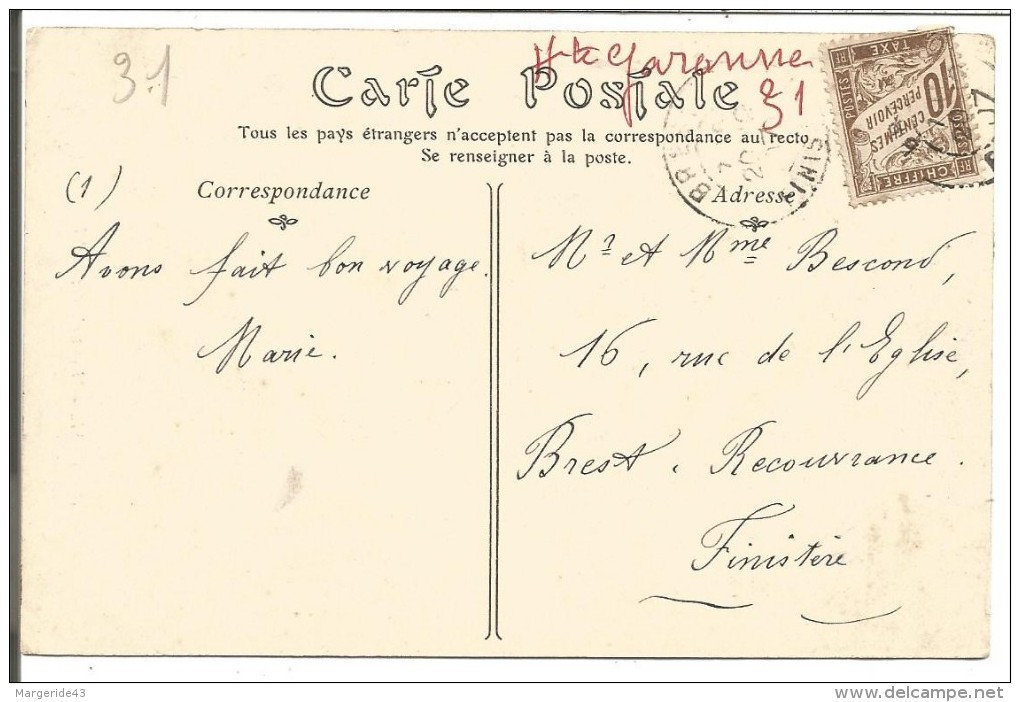 AMBULANT DE PIERREFITTE à LOURDES SUR CARTE TAXEE à L'ARRIVEE DU 18/12/1907 - Poste Ferroviaire