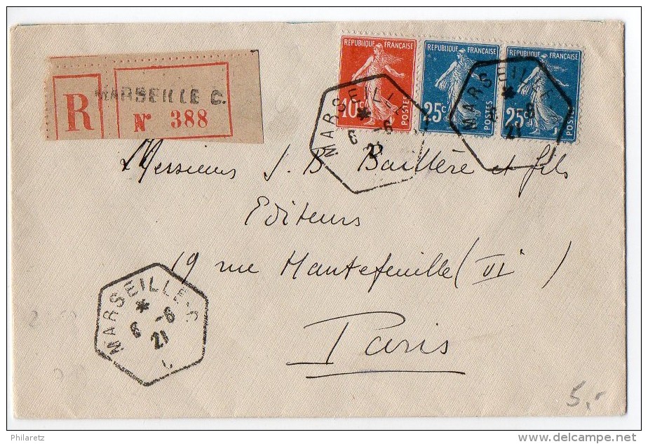 Semeuse Sur Lettre Recommandée - CaD Hexagonal De Marseille C De 1921 - 1877-1920: Semi Modern Period