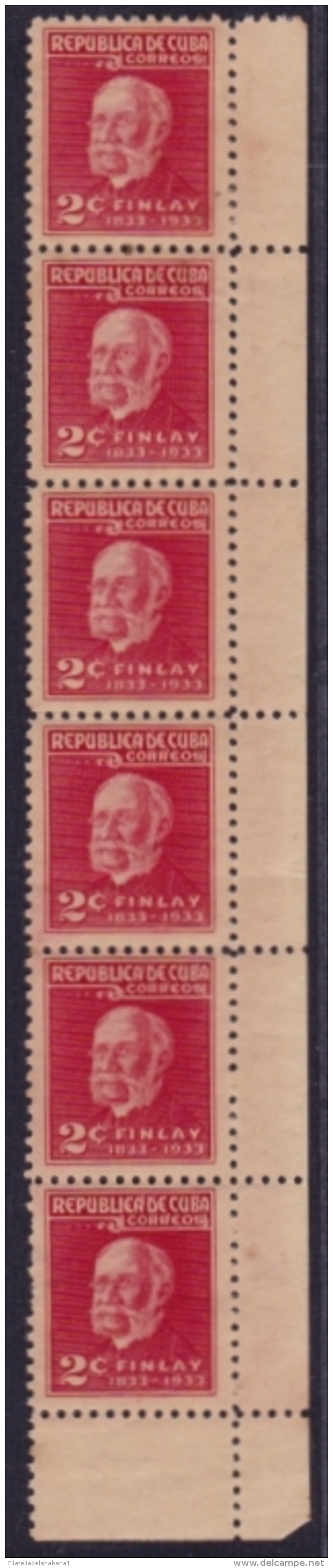 1934-120 CUBA REPUBLICA (LG-1203) 1934 2c CARLOS J. FINLAY ERROR "CORREOSI"  TIRA DE 6.  LIGERAS MANCHAS. - Neufs