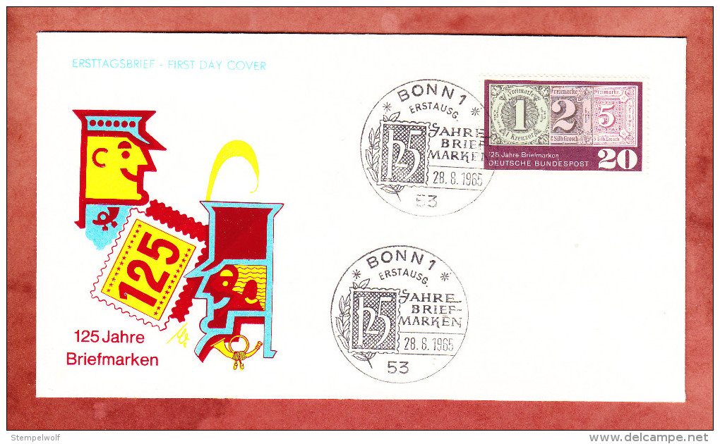 FDC, 125 Jahre Briefmarken, Erstausgabestempel Bonn 28.8.1965 (31626) - Autres & Non Classés