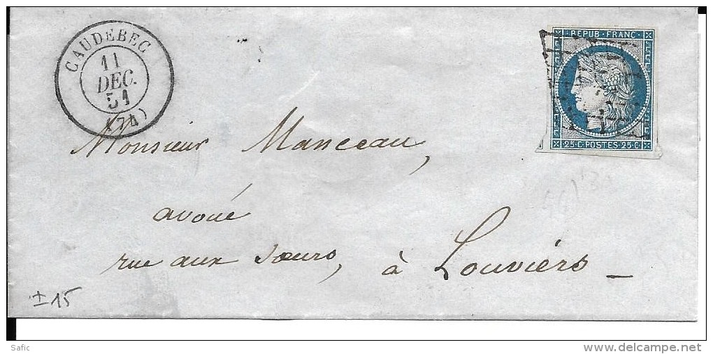 Lettre 1851 Caudebec Avec N°4,grille Et Cad  Type 15 - 1849-1850 Cérès