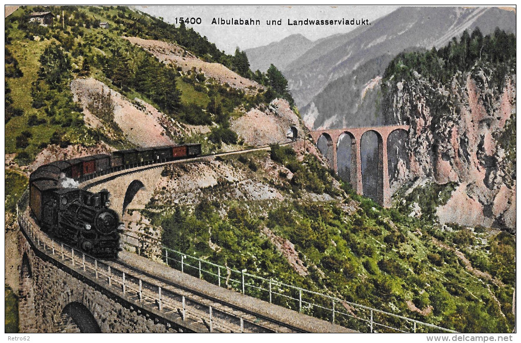 ALBULABAHN &#8594; Dampfzug Auf Der Schmittentobelbrücke Mit Landwasser-Viadukt 1909 - Schmitten