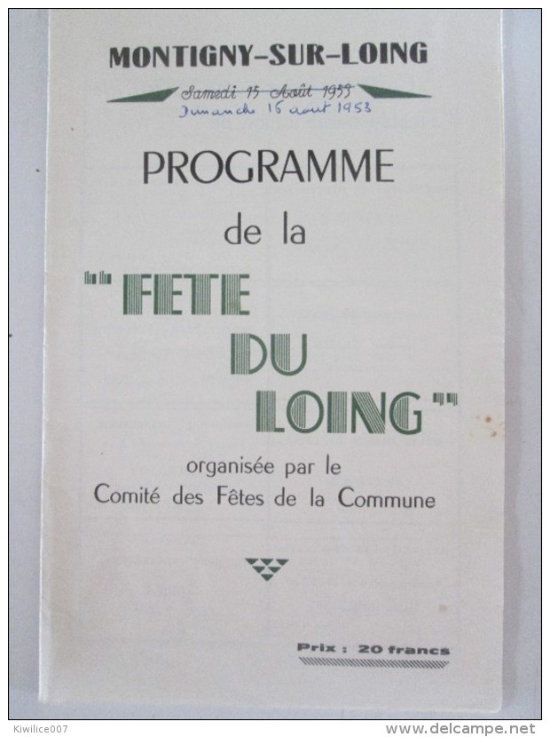 Programme   De La Fete Du LOING  1953 MONTIGNY SUR LOING - Programmes