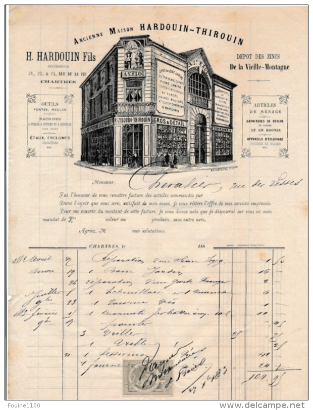 Facture De CHARTRES Illustrée Rue De La Pie Ancienne Maison HADOUIN THIROUIN  à St éloi ( Quincaillerie ) En 1883 - 1800 – 1899