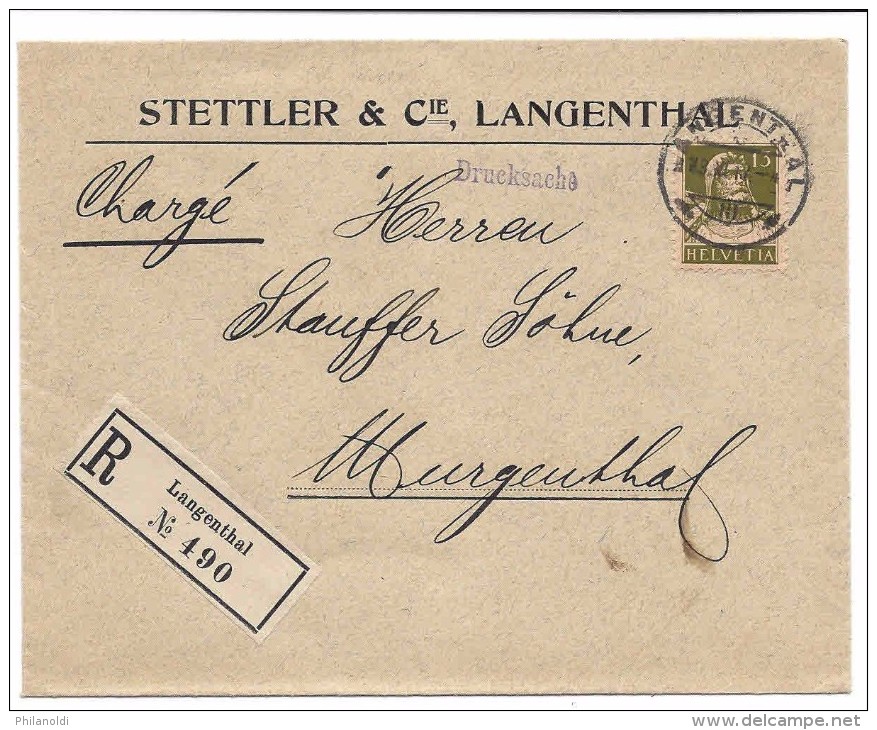 SUISSE 1916 Langenthal, Buste Tell 13 Centimes, Lettre Imprimé Recommandé Pour Murgental. Rare Affranchissement. - Lettres & Documents