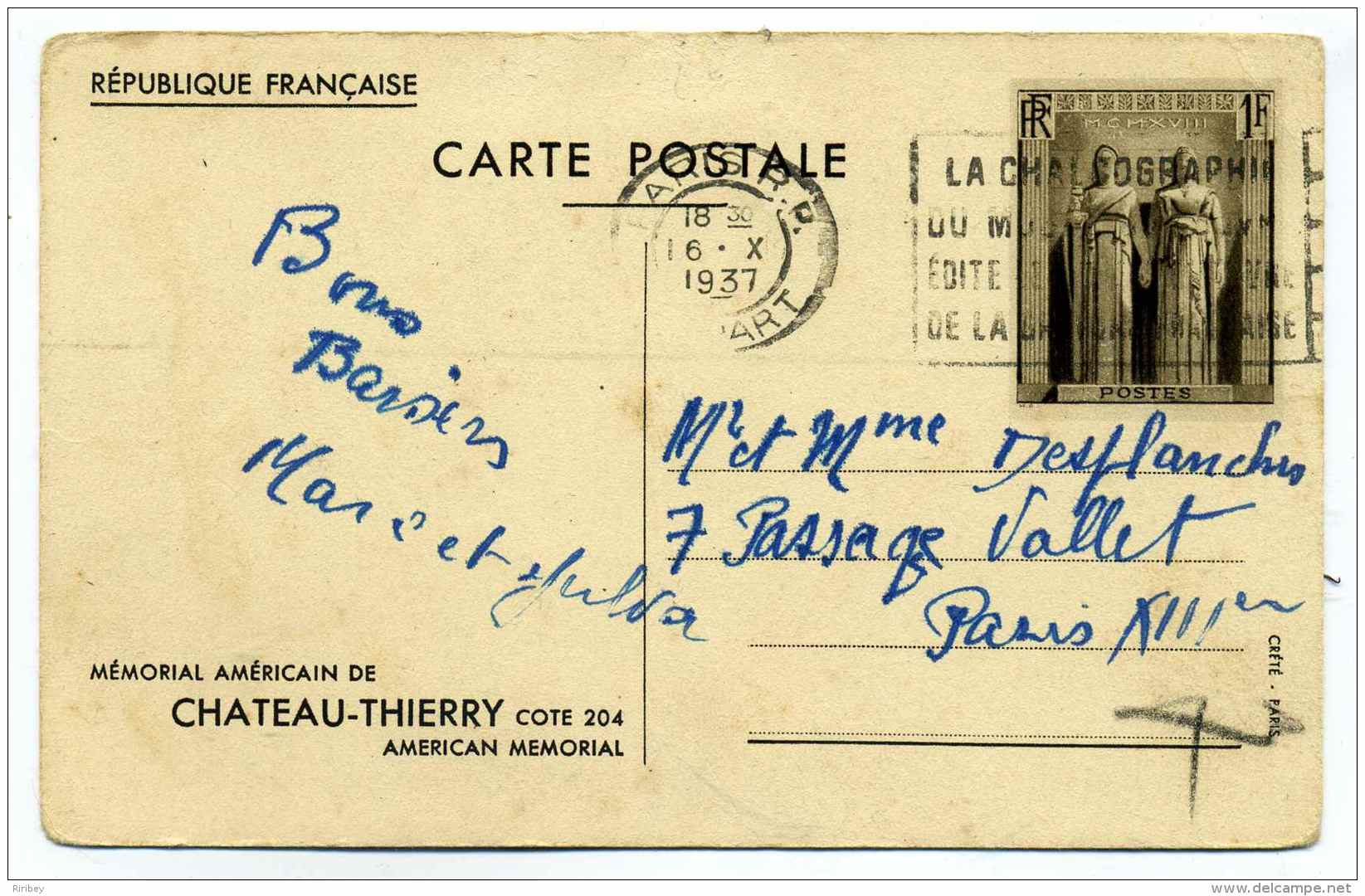 Entier à Type Spéciaux : MEMORIAL DE  CHATEAU THIERRY / American Memorial / CP N°11 - Cartes Postales Types Et TSC (avant 1995)