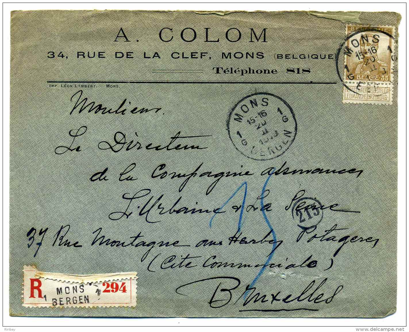 Lettre Recommandé De MONS BERGEN / 20 Février 1913 / Pour Bruxelles - Altri & Non Classificati