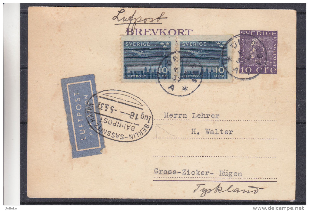 Suède - Carte Postale De 1937 - Oblitération Örebro - Expédié Vers L'Allemagne - Cachet Train  Berlin Sassnitz Hafen - Briefe U. Dokumente