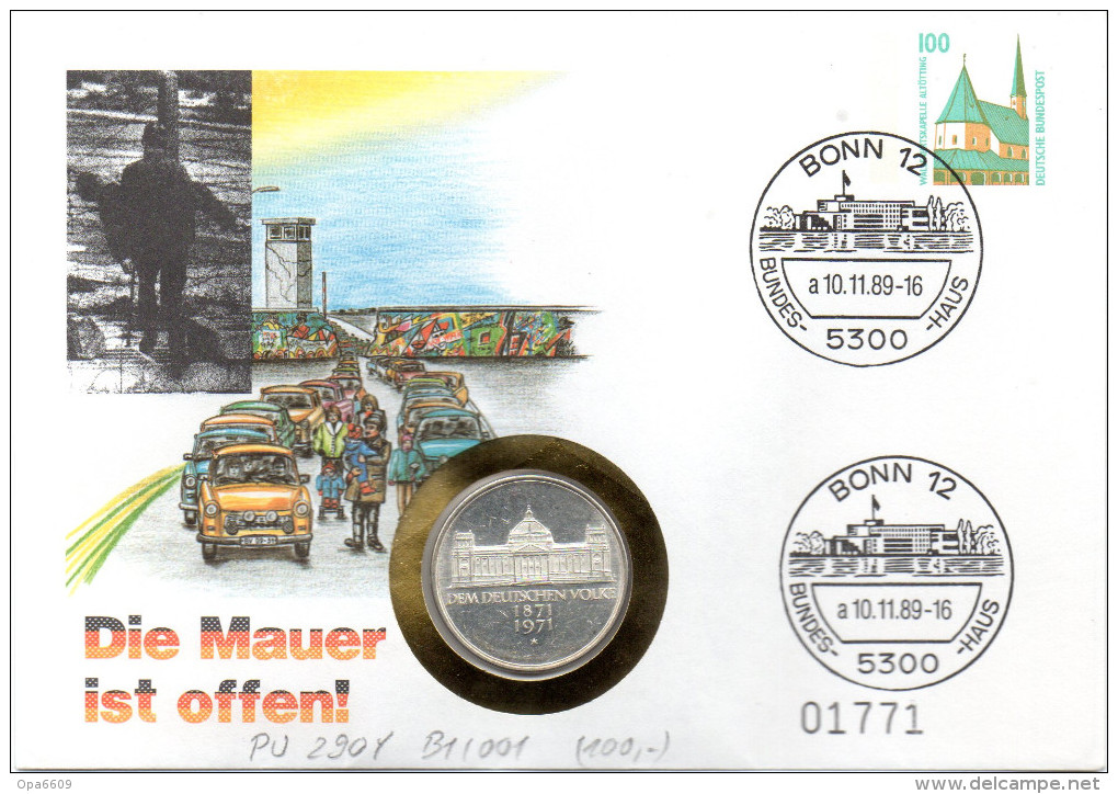 (Gm1)) DDR Numisbrief "Die Mauer Ist Offen" 10.11.1989 BONN Mit 5DM 1971 Reichstag (Münze)+100 Pf. Gzs-Umschlag - Otros & Sin Clasificación