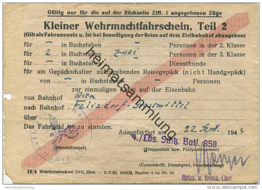 Kleiner Wehrmachtfahrschein Teil 2 1944 - Von Wien Nach Felixdorf - Grossmittel Für Zwei Personen 3. Klasse - Europe