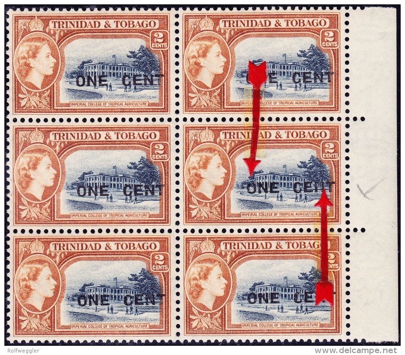 GB Trinidad & Tobago 1956 - 2 Cent Mit One Cent Aufrduck Auf 6-er Block ** Postfrisch Mit 1 Abart - Trinité & Tobago (...-1961)
