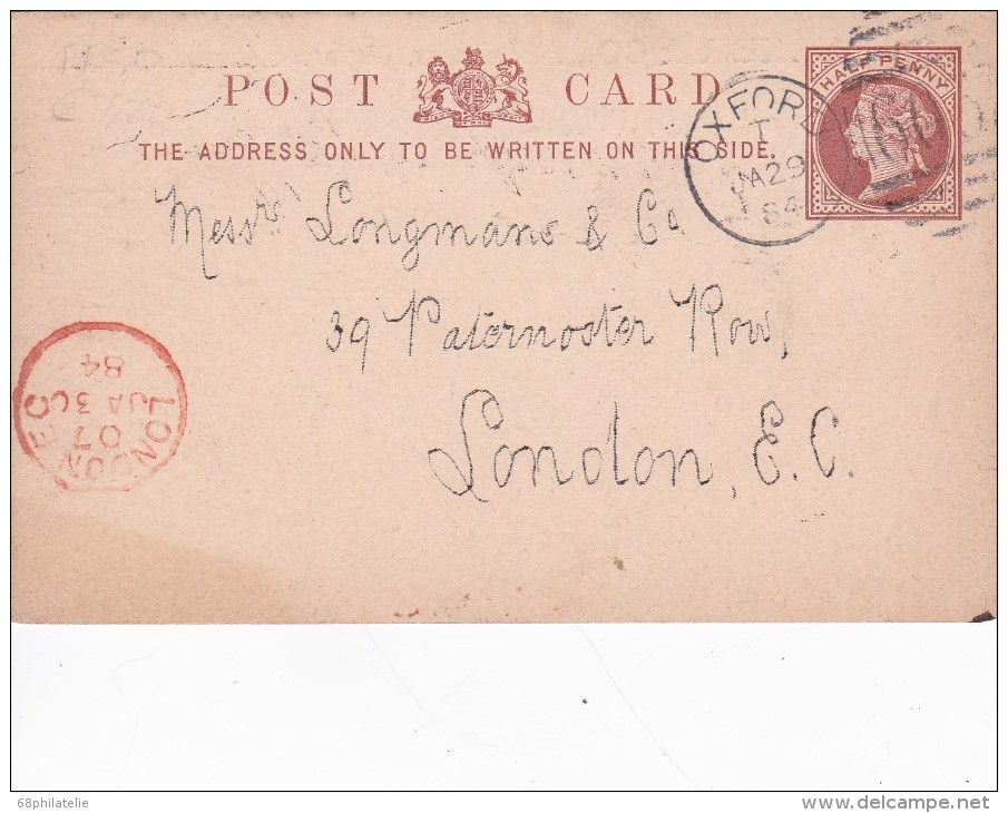 GRANDE BRETAGNE 1884 ENTIER POSTAL DE OXFORD - Stamped Stationery, Airletters & Aerogrammes