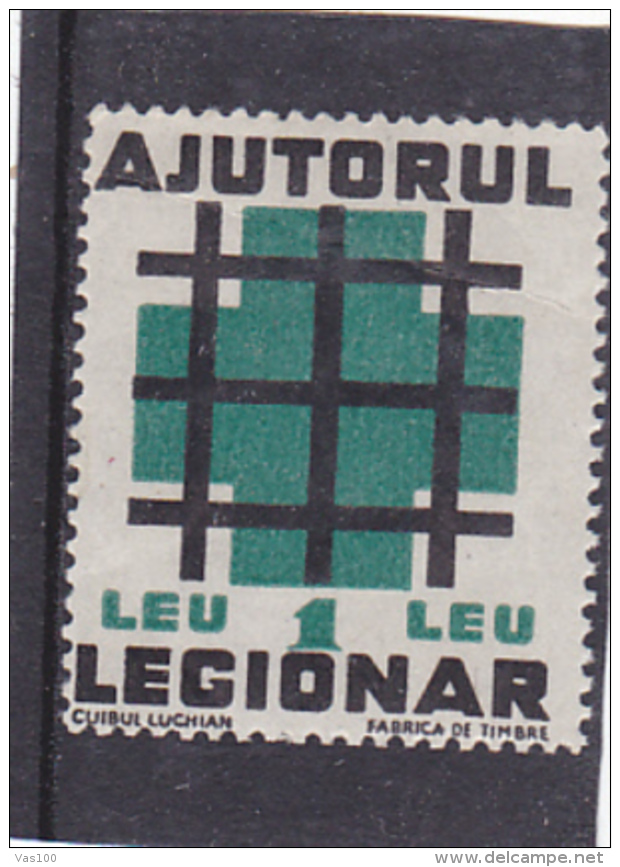#130   LEGIONARY HELP, 1 LEU, GREEN CROSS,  REVENUE STAM,  MNH**,  ROMANIA. - Revenue Stamps