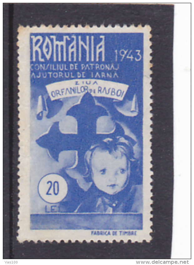 #130       DAY OF WAR ORPHANS, CHILD, PRAY, CROSS,  REVENUE STAMPS,  MNH**,  ROMANIA. - Revenue Stamps