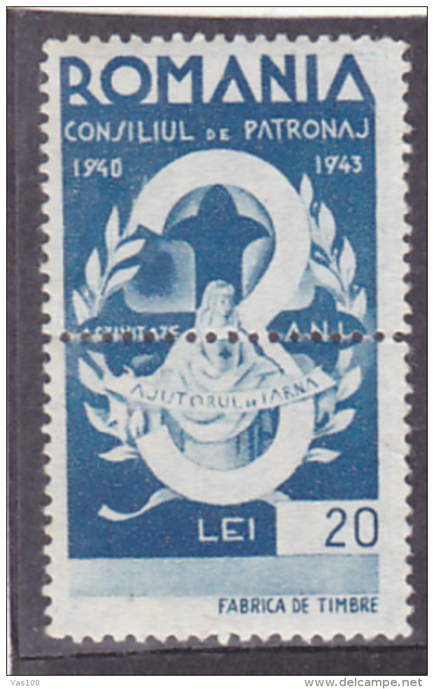 #131    PATRONAGE COUNCIL, 2 STAMPS IN PAIR, REVENUE STAMP,  MLH**, 1943, ROMANIA. - Steuermarken