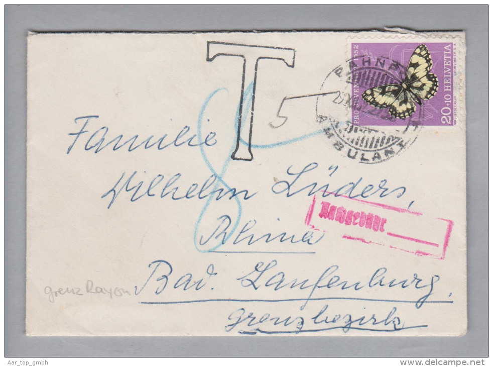 Schweiz Pro Juventute 1952-12-29 Grenzrayon Bahnpost Daher Taxiert Seltenes Dokument - Lettres & Documents
