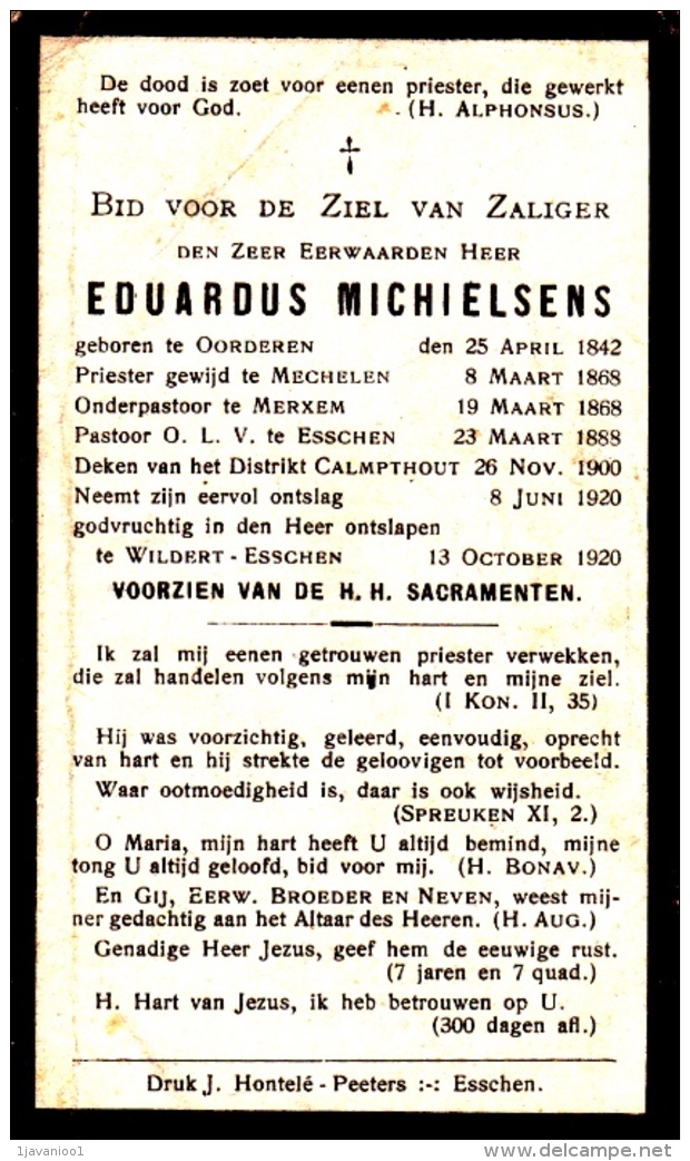 Priester, Prêtre, Eduardus Michielsens, Oorderen,Mechelen,Merksem,Kalmthout,Essen,Wildert, 1920 - Godsdienst & Esoterisme