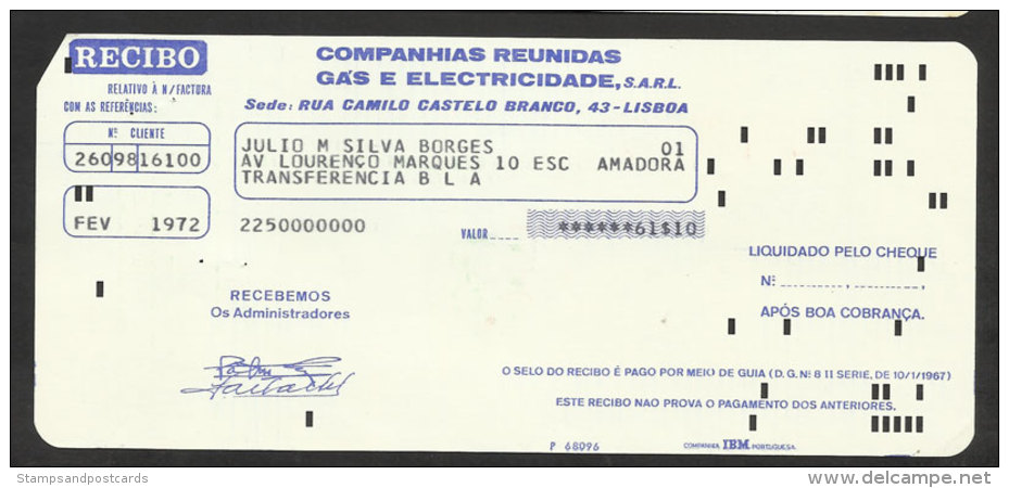 Portugal Facture Gaz Et électricité Carte Perforée Ordinateur IBM 1972 Gas & Electricity Bill IBM Computer Punched Card - Portugal