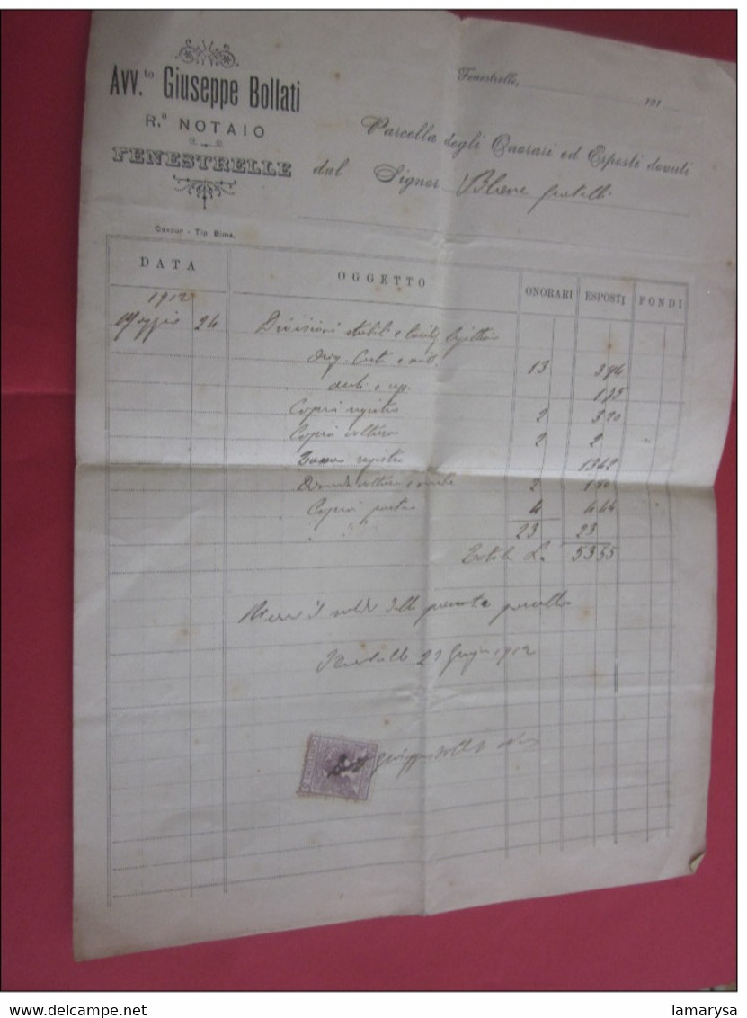 1912 G. BOLLATI NOTAIO FENESTRELLE DATA OGGETTO-ONORARI- ESPOSITI-MARCA DA BOLLA -HOTEL DE L'EUROPE ET METROPOLE à LYON - Manuscrits