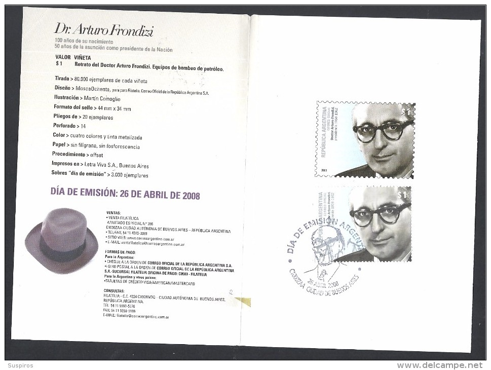 Argentina  2008 Doctor Arturo Frondizi First Day Cover & 2 Stamps + Slip Paper Mnh - Libretti