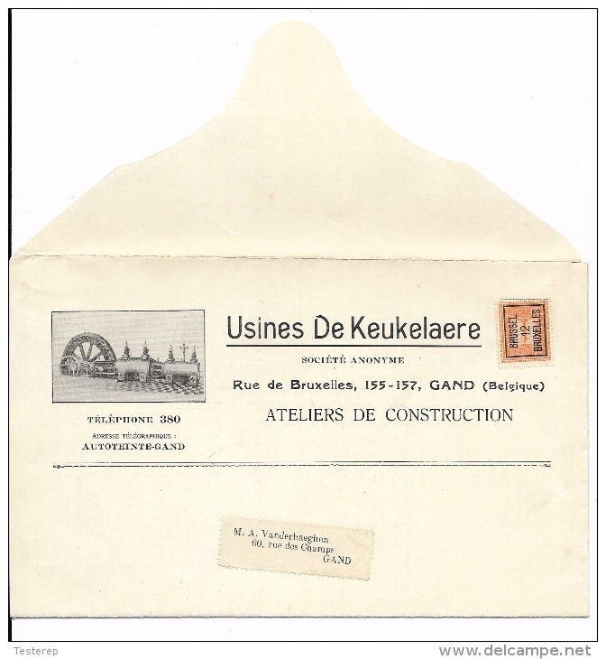 1 Ct Brussel 12 Bruxelles  Pos.B     Usines De Keukelaere  Ateliers De Constuction Gand  Mooie Briefinhoud  Perfect - Typo Precancels 1912-14 (Lion)