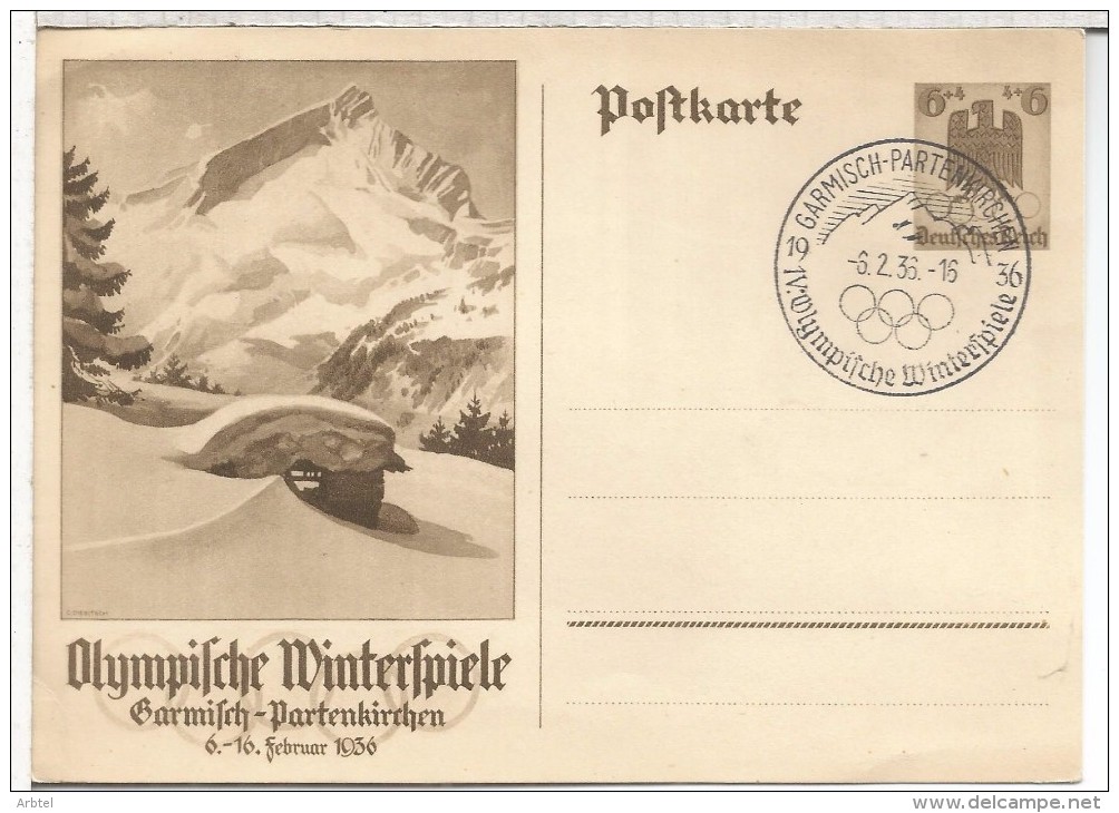 ALEMANIA REICH 1936 ENTERO POSTAL Y MAT JUEGOS OLIMPICOS DE INVIERNO EN GARMISCH PARTENKIRCHEN SKI - Hiver 1936: Garmisch-Partenkirchen