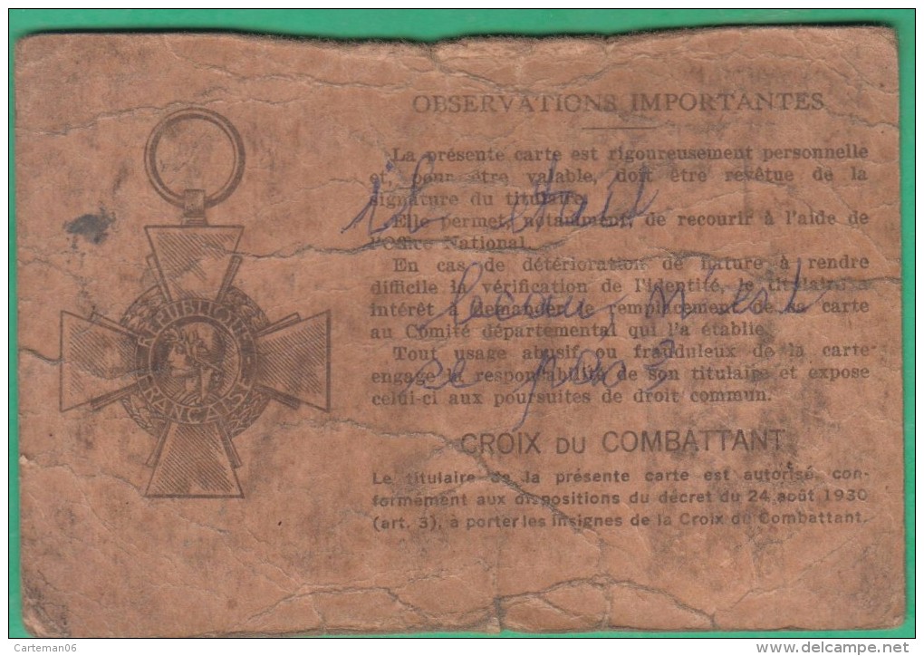 Carte Du Combattant - Fait à Epinal (Vosges) En 1934 - Domicilié à Meudon - Documents