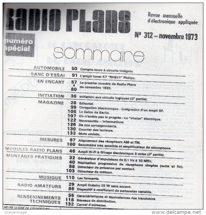 FAC-Similé Radio Plans N°312 11/1973 - Compte-tours Pour Automobile - Générateur D'impulsion - Détecteur De Présence - Other Components