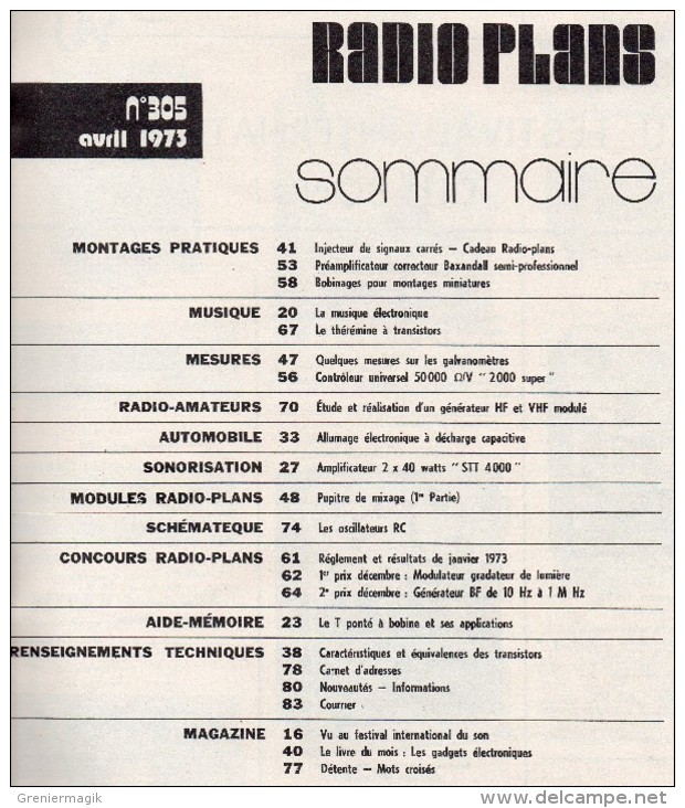 Radio Plans N°305 04/1973 Allumage électronique-Pupitre De Mixage-Injecteur De Signaux Carrés-Amplificateur 2x40 W - Altri Componenti