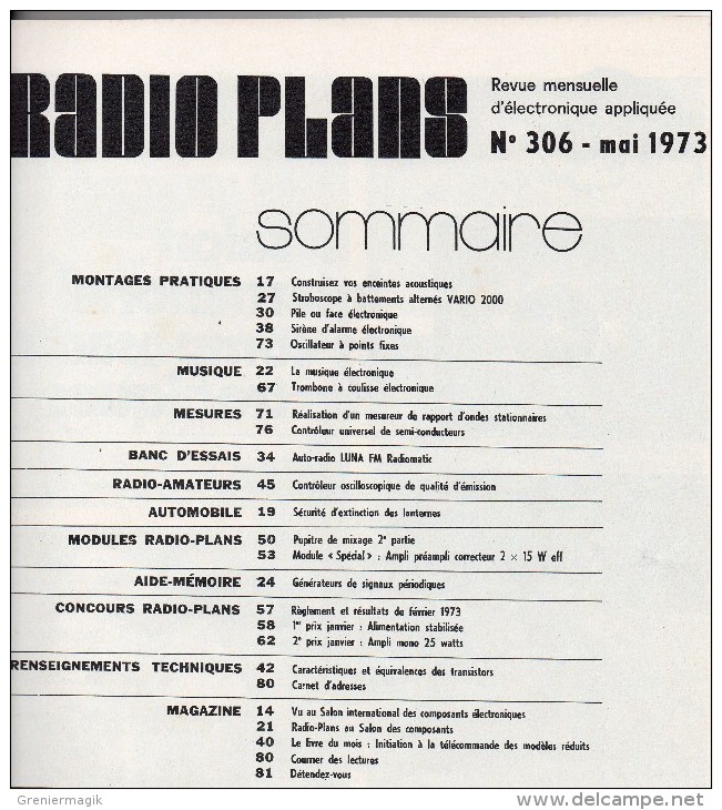 Radio Plans N°306 05/1973 Stroboscope à Battements Alternés-Pile Ou Face électronique-Auto-radio FM-Pupitre De Mixage - Other Components