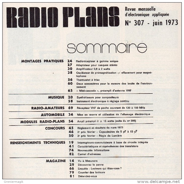 Radio Plans N°307 06/1973 Tout Sur L'allumage électronique - Synthétiseurs Pour Compositeurs - Récepteur VHF De Poche - Sonstige Bauteile
