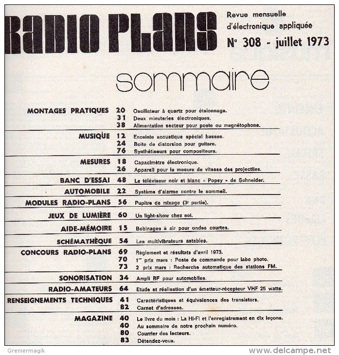Radio Plans N°308 07/1973 Emetteur Récepteur VHF 25 W - Banc D'essai Du Téléviseur POPSY - 2 Minuteries électroniques - Other Components