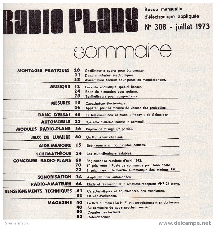 Radio Plans N°308 07/1973 Emetteur Récepteur VHF 25 W - Banc D'essai Du Téléviseur POPSY - 2 Minuteries électroniques - Autres Composants