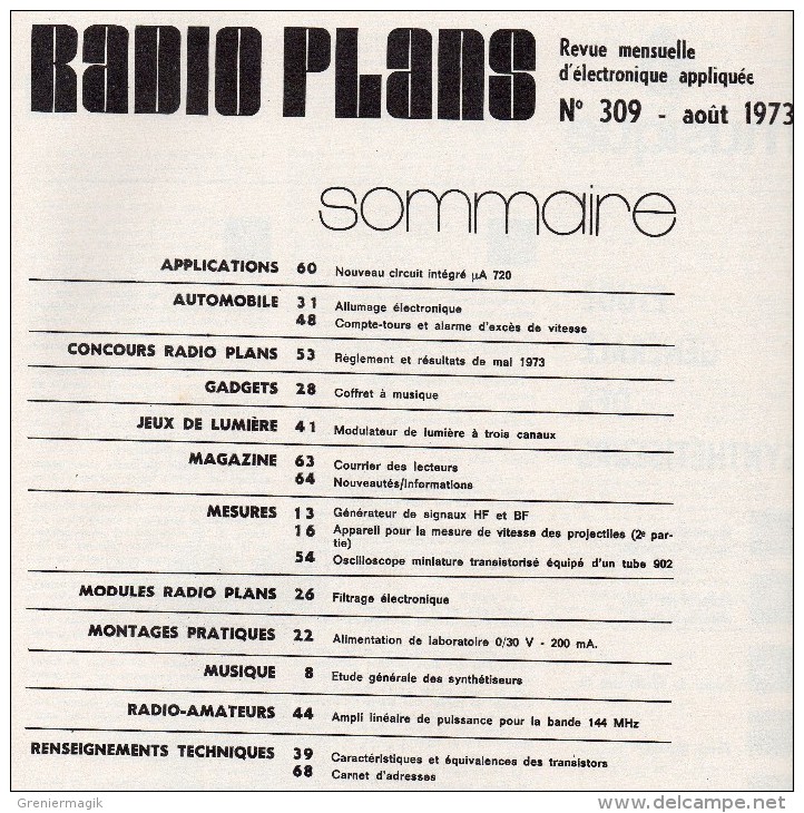 Radio Plans N°309 08/1973 Compte-tour Pour Automobile - Modulateur De Lumière - Oscilloscope Miniature - Alimentation - Otros Componentes