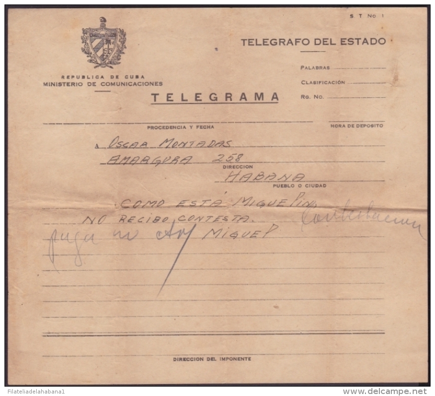 TELEG-180 CUBA (LG-617) TELEGRAMA TELEGRAM TELEGRAPH+ SOBRE. - Télégraphes