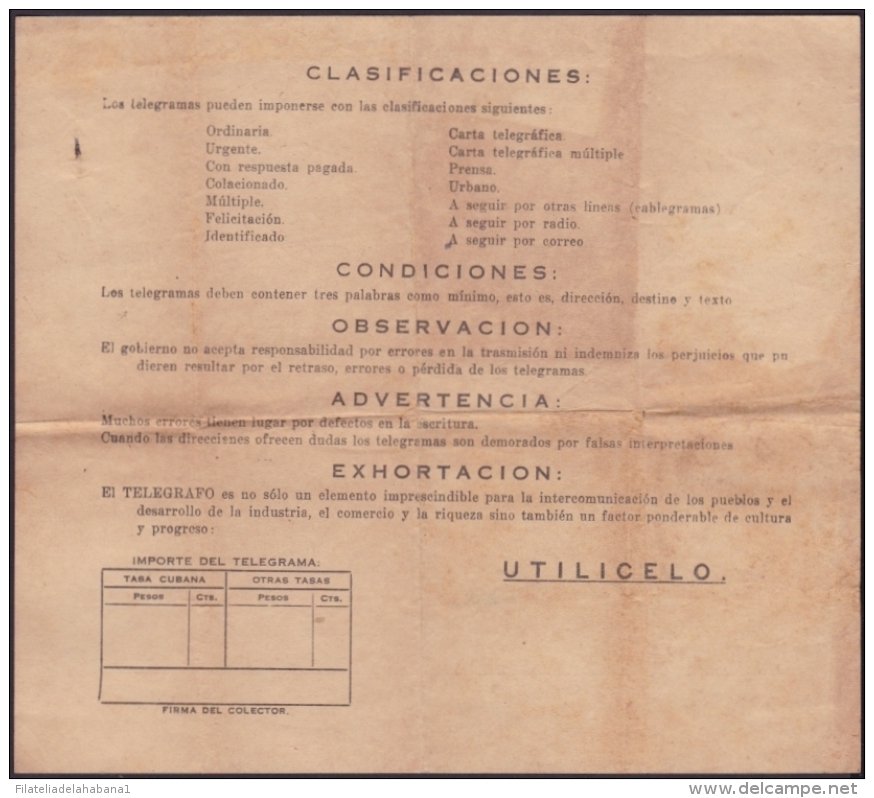 TELEG-180 CUBA (LG-617) TELEGRAMA TELEGRAM TELEGRAPH+ SOBRE. - Telegraph